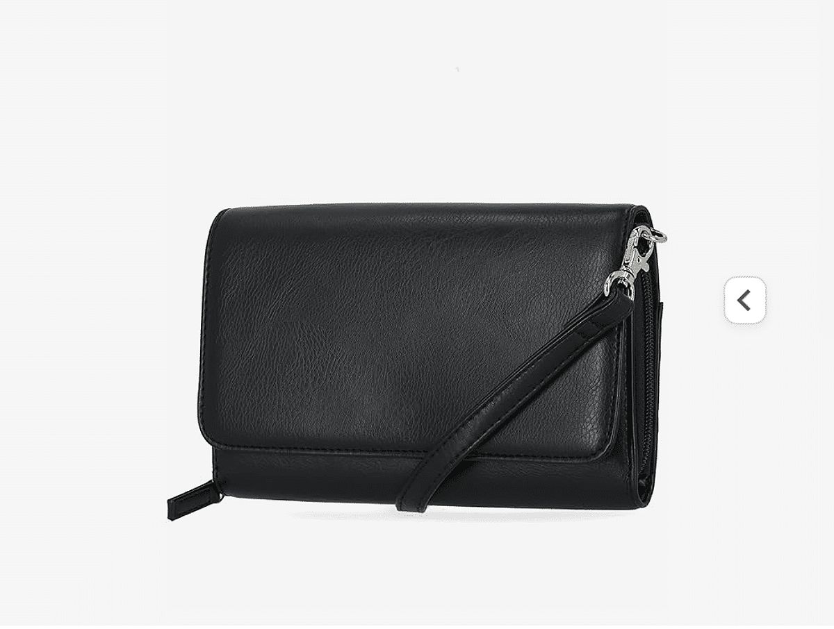 A black folder purse with a crossbody strap.